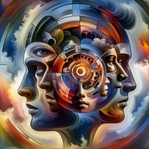 Why Prevailing Perspectives Fail Us?: Echo Chamber Portrait - A surreal depiction of multiple faces morphing into one, symbolizing the collective reinforcement of dominant viewpoints in society.